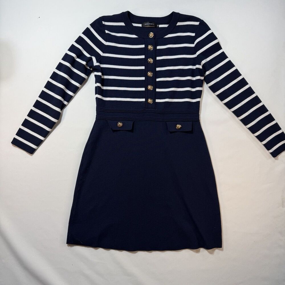 Navy Striped Gold Button A-Line Knit Dress M Preppy Nautical MEROKEETY